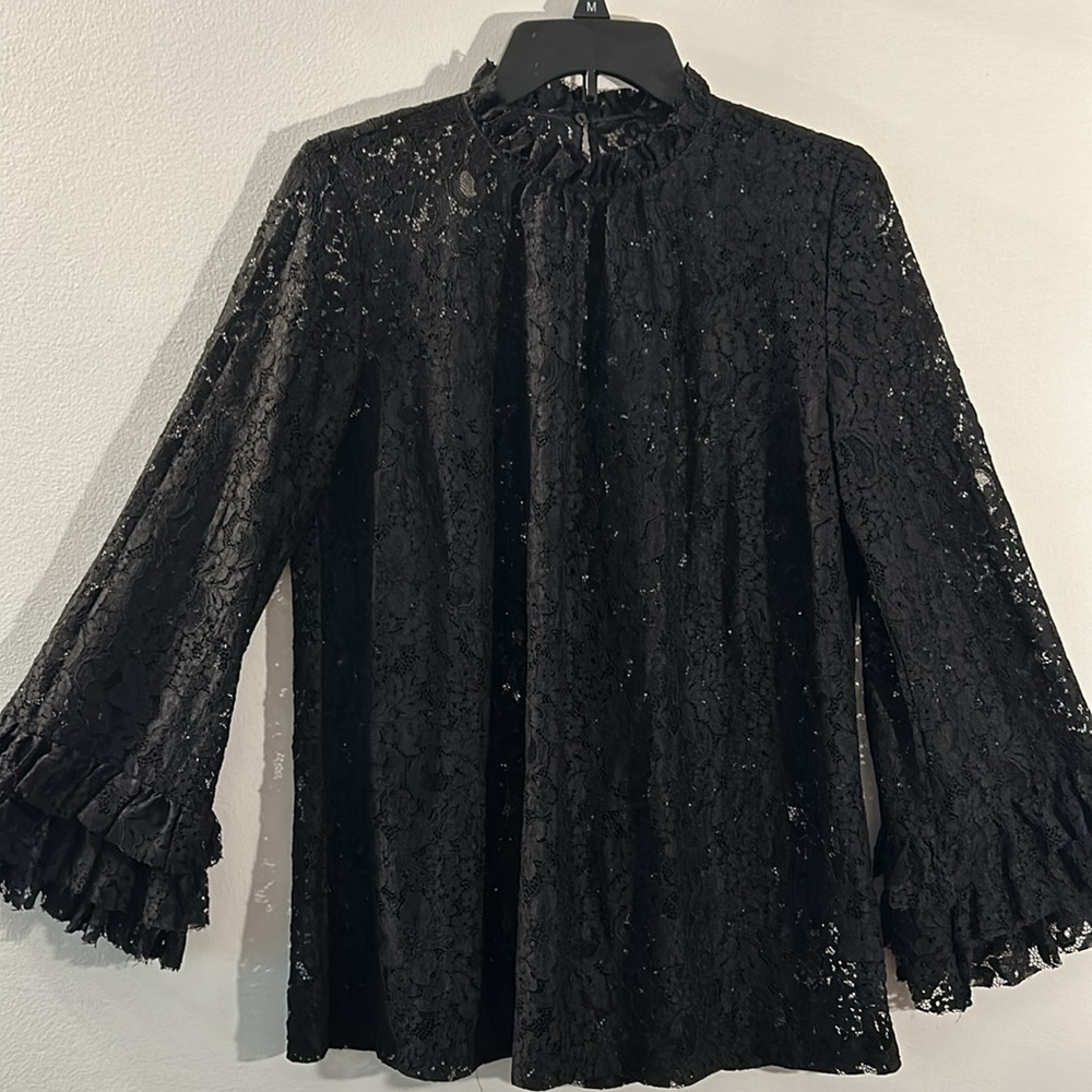 Witchy Zara Black Lace Blouse M Long Sleeves ruffles high collar w back button